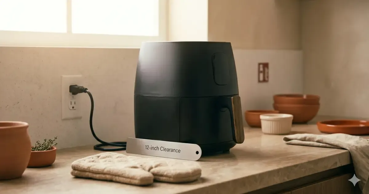 Close-up of an air fryer operating safely on a kitchen counter
