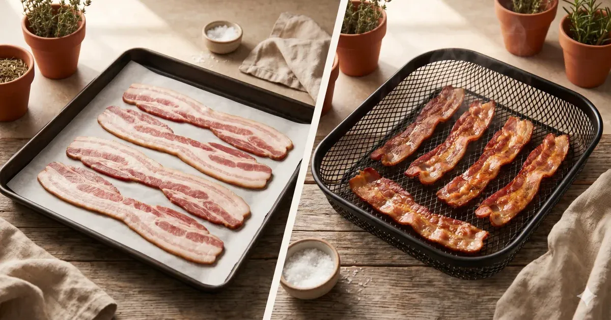 Strips of bacon laid flat in an air fryer basket
