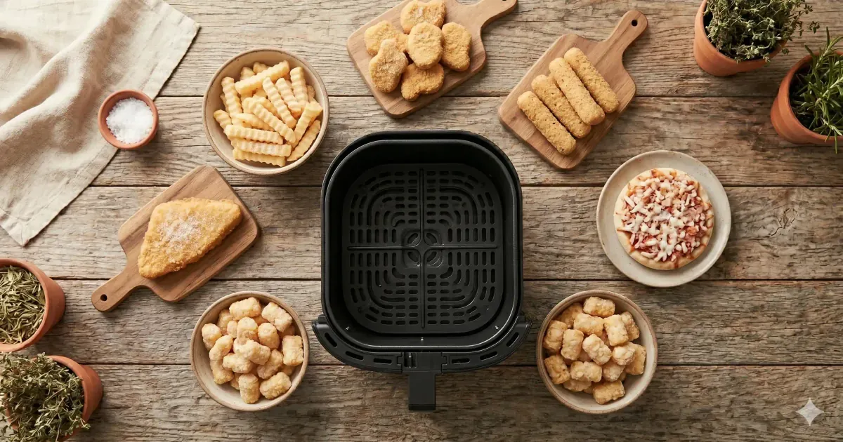 Assorted frozen foods laid out next to an air fryer basket