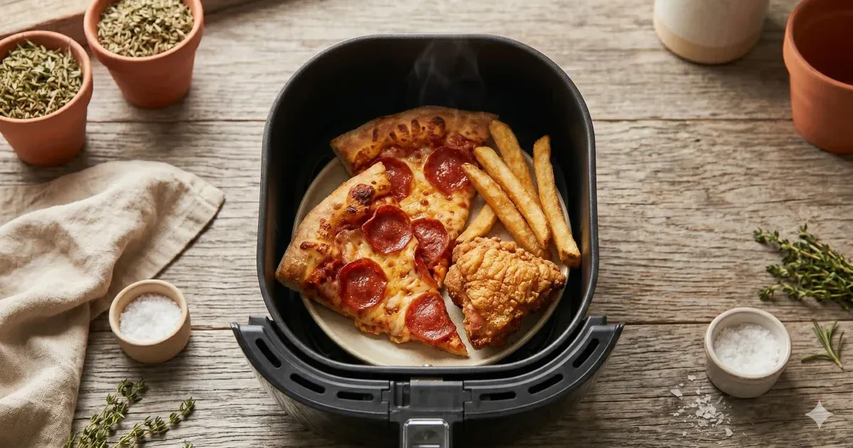 Crispy reheated leftovers in an air fryer basket