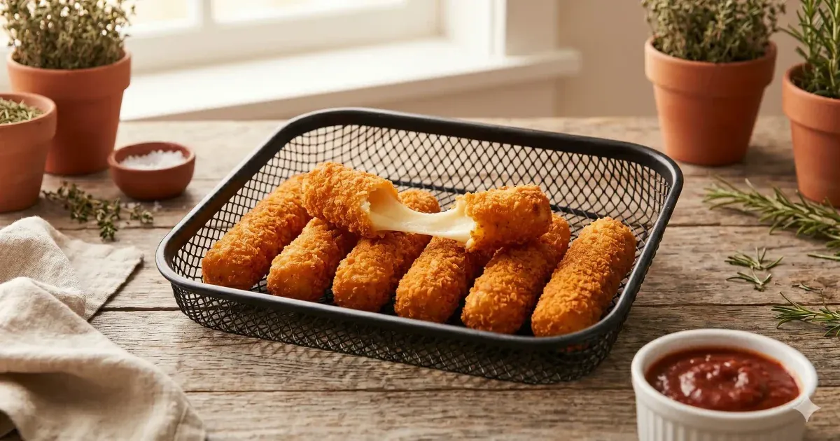 Crispy mozzarella sticks in an air fryer basket with marinara sauce on the side