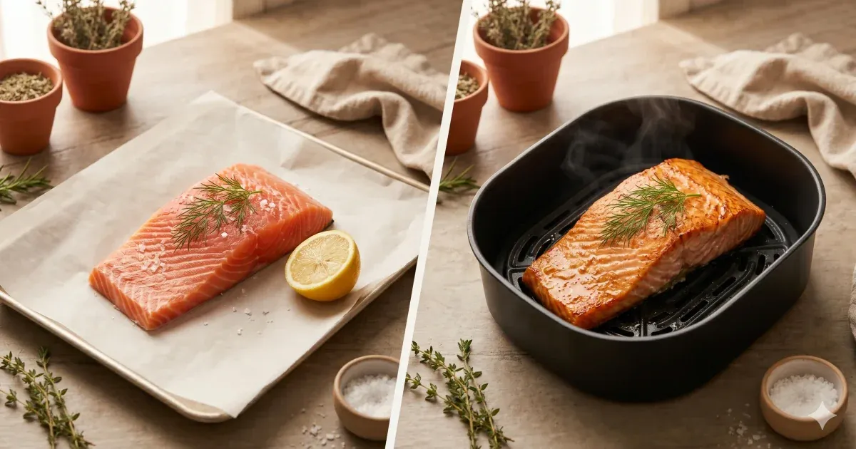 Crisp-skin salmon fillet cooking in an air fryer basket