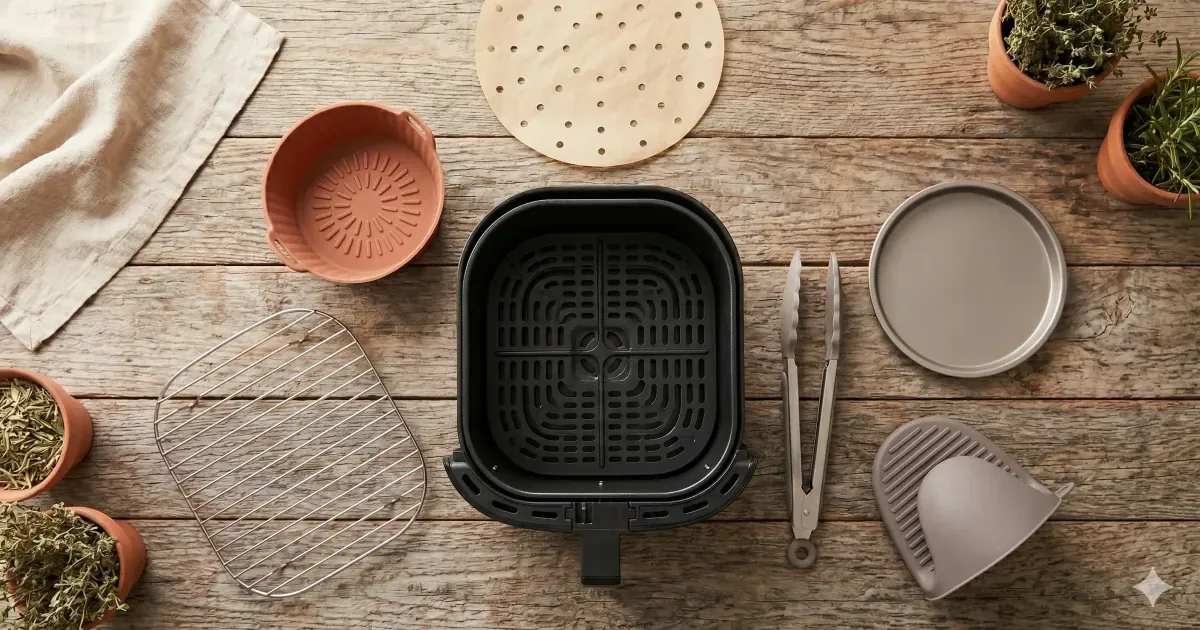 Air fryer accessories around a square basket: silicone liner, perforated parchment, wire rack, tongs, metal pan and silicone mitt