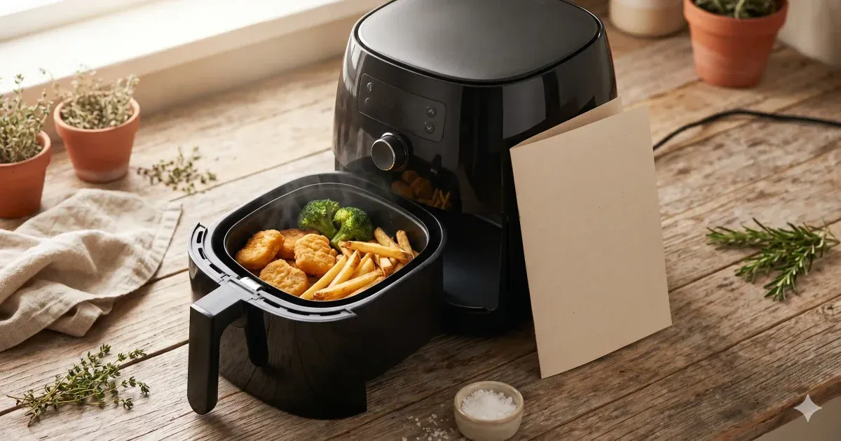 New air fryer on a kitchen counter with packaging materials nearby