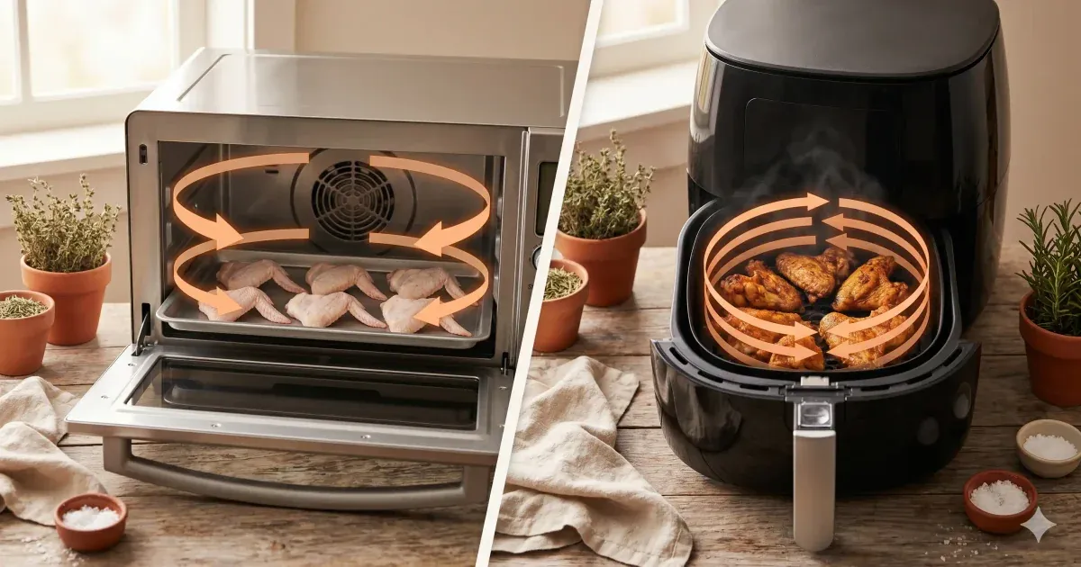 Illustration of a basket air fryer beside a full-size convection oven on a kitchen counter