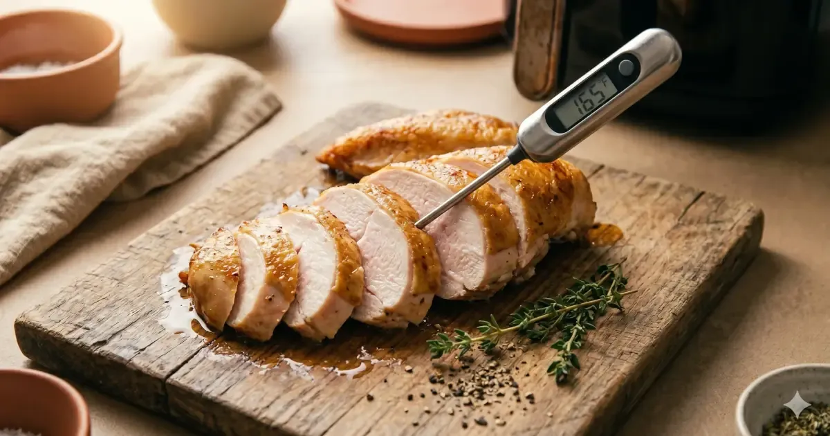 Seasoned chicken breast cooking in an air fryer