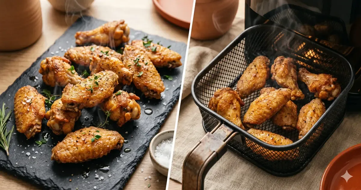Crispy chicken wings in an air fryer basket