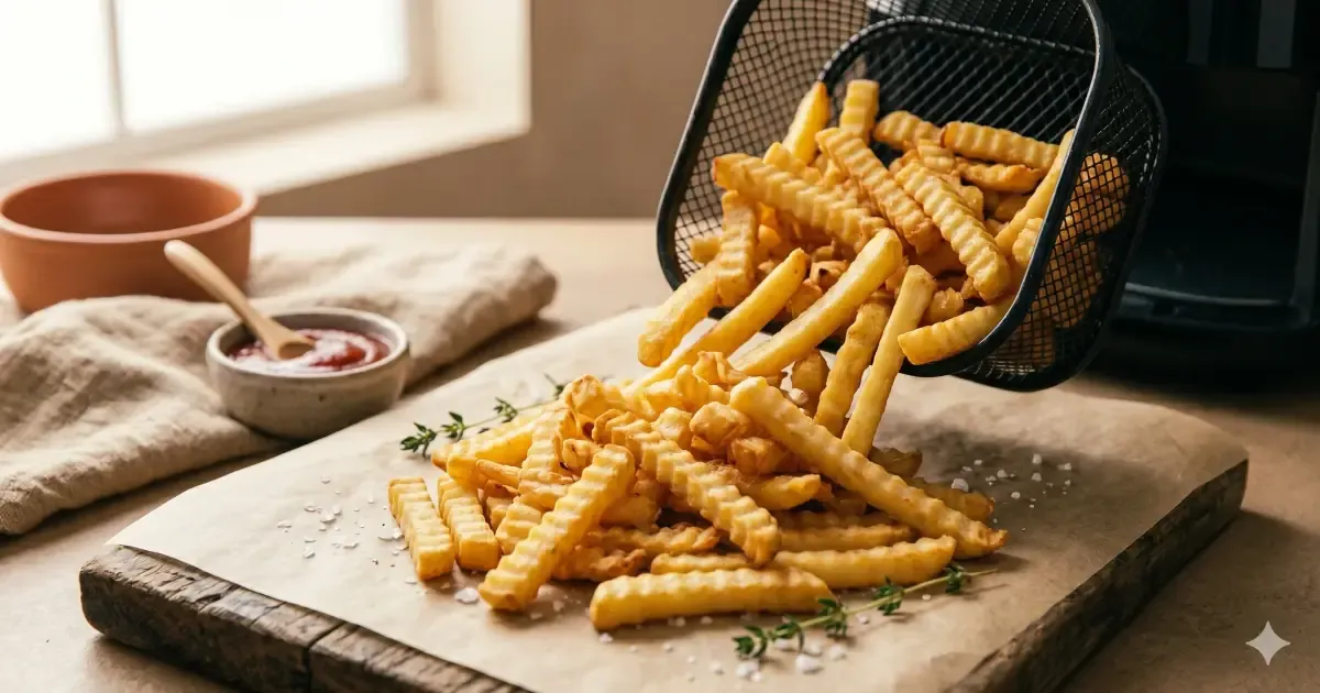Golden fries in an air fryer basket