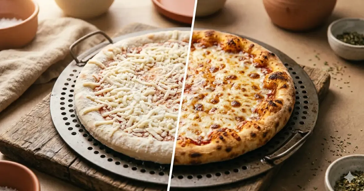 Frozen pizza cooking inside an air fryer