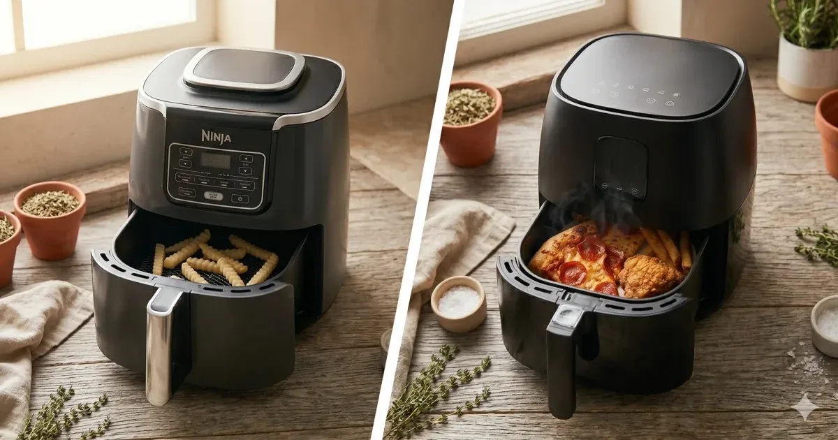 Illustration of two basket air fryers of different sizes side by side on a kitchen counter